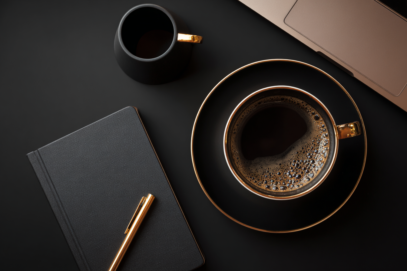 Notebook, coffee, and laptop on a dark surface
